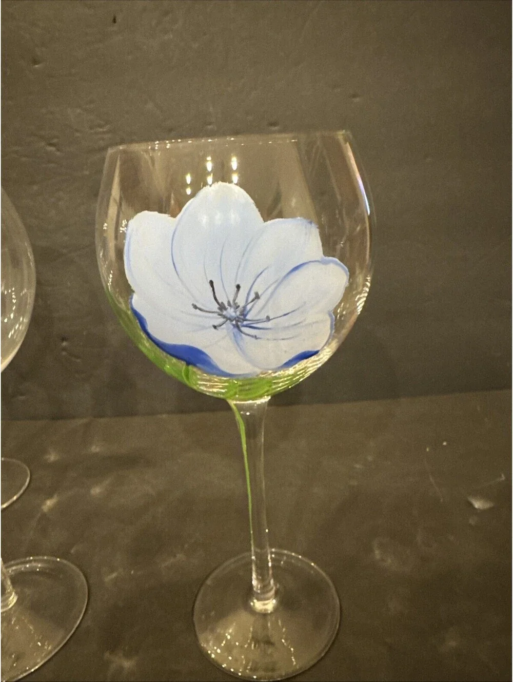 Block Basics (3) Hand-Painted Blue Flower Wine Glasses 8 5/8